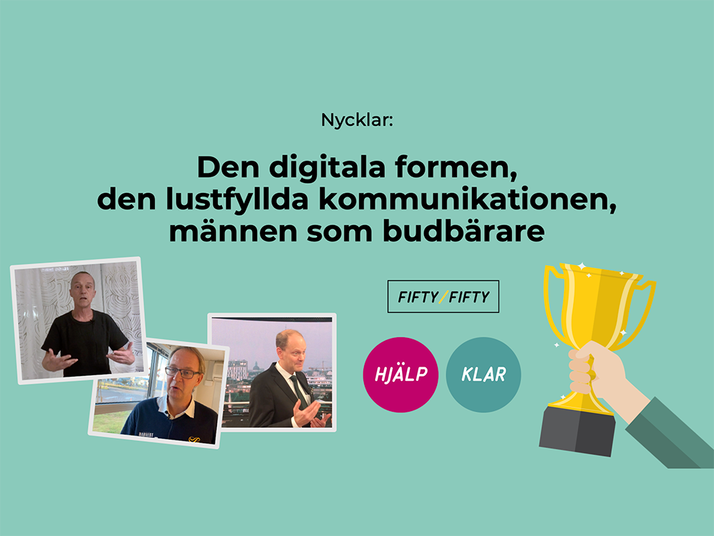 Fifty/Fifty online-utbildnin kollage av bilder och utvalt budskap. Männen som budbärare